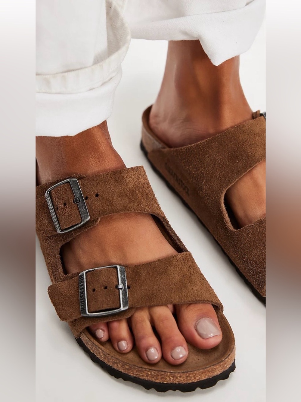 Birkenstock Arizona Suede Sandals in Dark Brown with Silver Buckles